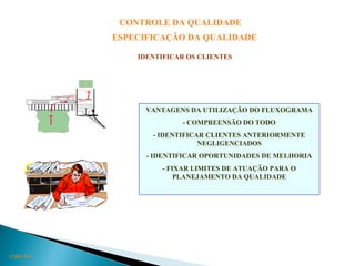 CQ03.31A
CONTROLE DA QUALIDADE
ESPECIFICAÇÃO DA QUALIDADE
IDENTIFICAR OS CLIENTES
VANTAGENS DA UTILIZAÇÃO DO FLUXOGRAMA
- COMPREENSÃO DO TODO
- IDENTIFICAR CLIENTES ANTERIORMENTE
NEGLIGENCIADOS
- IDENTIFICAR OPORTUNIDADES DE MELHORIA
- FIXAR LIMITES DE ATUAÇÃO PARA O
PLANEJAMENTO DA QUALIDADE
 