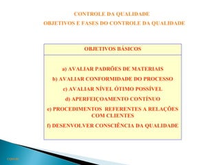 CONTROLE DA QUALIDADE
OBJETIVOS E FASES DO CONTROLE DA QUALIDADE
CQ03.09
OBJETIVOS BÁSICOS
a) AVALIAR PADRÕES DE MATERIAIS
b) AVALIAR CONFORMIDADE DO PROCESSO
c) AVALIAR NÍVEL ÓTIMO POSSÍVEL
d) APERFEIÇOAMENTO CONTÍNUO
e) PROCEDIMENTOS REFERENTES A RELAÇÕES
COM CLIENTES
f) DESENVOLVER CONSCIÊNCIA DA QUALIDADE
 