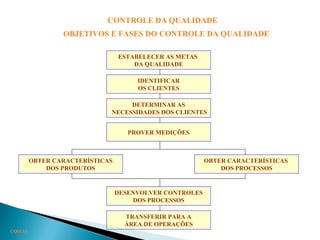 CONTROLE DA QUALIDADE
OBJETIVOS E FASES DO CONTROLE DA QUALIDADE
CQ03.13
IDENTIFICAR
OS CLIENTES
ESTABELECER AS METAS
DA QUALIDADE
DETERMINAR AS
NECESSIDADES DOS CLIENTES
OBTER CARACTERÍSTICAS
DOS PRODUTOS
OBTER CARACTERÍSTICAS
DOS PROCESSOS
DESENVOLVER CONTROLES
DOS PROCESSOS
TRANSFERIR PARA A
ÁREA DE OPERAÇÕES
PROVER MEDIÇÕES
 
