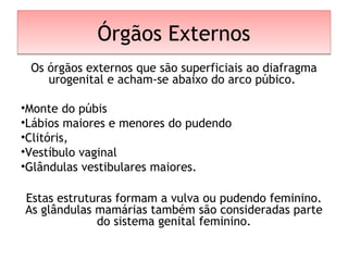Órgãos ExternosÓrgãos Externos
Os órgãos externos que são superficiais ao diafragma
urogenital e acham-se abaixo do arco púbico.
•Monte do púbis
•Lábios maiores e menores do pudendo
•Clitóris,
•Vestíbulo vaginal
•Glândulas vestibulares maiores.
Estas estruturas formam a vulva ou pudendo feminino.
As glândulas mamárias também são consideradas parte
do sistema genital feminino.
 