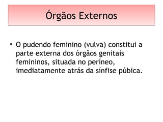 Órgãos ExternosÓrgãos Externos
• O pudendo feminino (vulva) constitui a
parte externa dos órgãos genitais
femininos, situada no períneo,
imediatamente atrás da sínfise púbica.
 