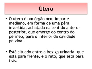 ÚteroÚtero
• O útero é um órgão oco, impar e
mediano, em forma de uma pêra
invertida, achatada na sentido antero-
posterior, que emerge do centro do
períneo, para o interior da cavidade
pelvina.
• Está situado entre a bexiga urinaria, que
esta para frente, e o reto, que esta para
trás.
 