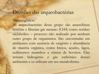 Divisões das arqueobactérias
Metanogênicas
As arqueobactérias desse grupo são anaeróbicas
restritas e liberam gás metano (CH4) como resíduo
metabólico – processo não realizado por nenhum
outro grupo de organismos. São encontradas em
ambientes com ausência de oxigênio e abundância
de matéria orgânica, como brejos, açudes, lagos,
sedimentos marinhos e rúmen de bovinos. Elas
retiram hidrogênio e gás carbônico desses
ambientes e os utilizam em seu metabolismo.
 