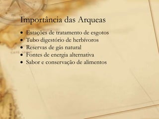 Importância das Arqueas
 Estações de tratamento de esgotos
 Tubo digestório de herbívoros
 Reservas de gás natural
 Fontes de energia alternativa
 Sabor e conservação de alimentos
 