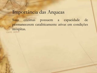Importância das Arqueas
Suas enzimas possuem a capacidade de
permanecerem cataliticamente ativas em condições
inóspitas.
 