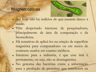 Magnetotáticas
 Até hoje não há indícios de que causem danos à
saúde.
 Têm despertado interesse de pesquisadores,
principalmente da área da computação e da
biomedicina.
 Há tentativas de aplicá-los na criação de superfície
magnética para computadores ou em meios de
contraste usados em exames médicos.
 Interesse para a indústria, é que esse ímã é
permanente, ou seja, não se desmagnetiza.
 No genoma das bactérias existe a informação
para a produção de proteínas que interferem na
 