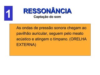 RESSONÂNCIA Captação do som As ondas de pressão sonora chegam ao pavilhão auricular, seguem pelo meato acústico e atingem o tímpano.   (ORELHA EXTERNA)  1 