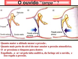 O ouvido  “ tampa  ” ? Quanto maior a altitude menor a pressão .  Quanto mais perto do nível do mar amaior a pressão atmosférica. O  ar pressiona o tímpano para dentro Engolindo , o  ar vai pela tuba auditiva, da faringe até o ouvido,  e isso regula a pressão. 