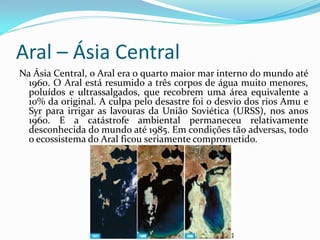 Aral – Ásia Central
Na Ásia Central, o Aral era o quarto maior mar interno do mundo até
1960. O Aral está resumido a três corpos de água muito menores,
poluídos e ultrassalgados, que recobrem uma área equivalente a
10% da original. A culpa pelo desastre foi o desvio dos rios Amu e
Syr para irrigar as lavouras da União Soviética (URSS), nos anos
1960. E a catástrofe ambiental permaneceu relativamente
desconhecida do mundo até 1985. Em condições tão adversas, todo
o ecossistema do Aral ficou seriamente comprometido.

 