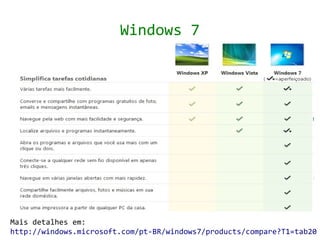 Windows 7




Mais detalhes em:
http://windows.microsoft.com/pt-BR/windows7/products/compare?T1=tab20
 