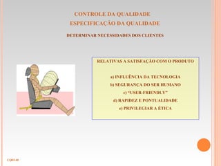 CONTROLE DA QUALIDADE
ESPECIFICAÇÃO DA QUALIDADE
DETERMINAR NECESSIDADES DOS CLIENTES
CQ03.40
RELATIVAS A SATISFAÇÃO COM O PRODUTO
a) INFLUÊNCIA DA TECNOLOGIA
b) SEGURANÇA DO SER HUMANO
c) “USER-FRIENDLY”
d) RAPIDEZ E PONTUALIDADE
e) PRIVILEGIAR A ÉTICA
 
