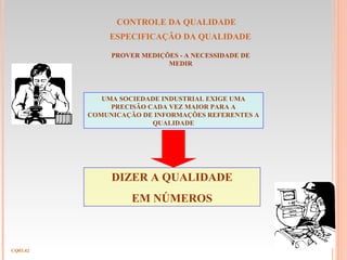 CONTROLE DA QUALIDADE
ESPECIFICAÇÃO DA QUALIDADE
CQ03.42
PROVER MEDIÇÕES - A NECESSIDADE DE
MEDIR
UMA SOCIEDADE INDUSTRIAL EXIGE UMA
PRECISÃO CADA VEZ MAIOR PARA A
COMUNICAÇÃO DE INFORMAÇÕES REFERENTES A
QUALIDADE
DIZER A QUALIDADE
EM NÚMEROS
 