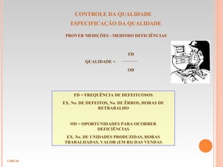 CONTROLE DA QUALIDADE
ESPECIFICAÇÃO DA QUALIDADE
CQ03.44
PROVER MEDIÇÕES - MEDINDO DEFICIÊNCIAS
QUALIDADE =
FD
OD
FD = FREQUÊNCIA DE DEFEITUOSOS
EX. No. DE DEFEITOS, No. DE ÊRROS, HORAS DE
RETRABALHO
OD = OPORTUNIDADES PARA OCORRER
DEFICIÊNCIAS
EX. No. DE UNIDADES PRODUZIDAS, HORAS
TRABALHADAS, VALOR (EM R$) DAS VENDAS
 