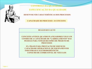 CQ03.71
CONTROLE DA QUALIDADE
ESPECIFICAÇÃO DA QUALIDADE
DESENVOLVER CARACTERÍSTICAS DOS PROCESSOS
CAPACIDADE DO PROCESSO - O CONCEITO
REALIZAR O ALVO
CONCEITO ANTIGO, QUANDO PLANEJADORES VISAVAM
CONHECER A CAPACIDADE DE “CARREGAMENTO” DAS
PESSOAS PARA TOMAR DECISÕES DE PROJETO DE
PROCESSOS
EX. PRAZO PARA PRESTAÇÃO DE SERVIÇOS
CAPACIDADE OPERACIONAL DE EQUIPAMENTOS
INDUSTRIAIS E ELETRODOMÉSTICOS
CONSUMO DE COMBUSTÍVEL DE VEÍCULOS
 