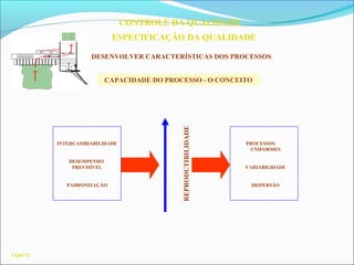 CQ03.72
CONTROLE DA QUALIDADE
ESPECIFICAÇÃO DA QUALIDADE
DESENVOLVER CARACTERÍSTICAS DOS PROCESSOS
CAPACIDADE DO PROCESSO - O CONCEITO
INTERCAMBIABILIDADE
DESEMPENHO
PREVISÍVEL
PADRONIZAÇÃO REPRODUTIBILIDADE
PROCESSOS
UNIFORMES
VARIABILIDADE
DISPERSÃO
 