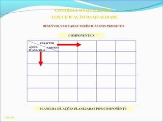CONTROLE DA QUALIDADE
ESPECIFICAÇÃO DA QUALIDADE
DESENVOLVER CARACTERÍSTICAS DOS PRODUTOS
CQ03.59C
PLANILHA DE AÇÕES PLANEJADAS POR COMPONENTE
COMPONENTE X
CARACTER
CRÍTICOAÇÕES
PLANEJADAS
 