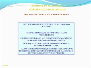 CONTROLE DA QUALIDADE
ESPECIFICAÇÃO DA QUALIDADE
DESENVOLVER CARACTERÍSTICAS DOS PRODUTOS
CQ03.59D
VANTAGENS DA BUSCA CONTÍNUA DA MELHORIA DA
QUALIDADE
- MAIOR APRENDIZADO SE TRADUZ EM MAIOR
PRODUTIVIDADE
- MAIOR APRENDIZADO NAS CARACTERÍSTICAS CRÍTICAS
SE TRADUZ EM VANTAGEM COMPETITIVA
- IDEM QUANDO SE CONHECE EM PROFUNDIDADE O
PENSAMENTO DO CLIENTE
- MAIOR CONHECIMENTO TRAZ MAIOR ESTABILIDADE NOS
PROCESSOS, REPUTAÇÃO DE CONFORMIDADE E AUMENTA O
POTENCIAL COMPETITIVO DO PRODUTO
 