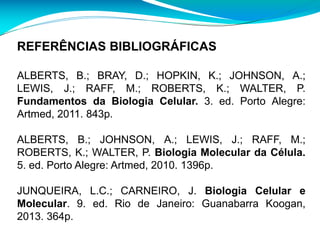 ALBERTS, B.; BRAY, D.; HOPKIN, K.; JOHNSON, A.;
LEWIS, J.; RAFF, M.; ROBERTS, K.; WALTER, P.
Fundamentos da Biologia Celular. 3. ed. Porto Alegre:
Artmed, 2011. 843p.
ALBERTS, B.; JOHNSON, A.; LEWIS, J.; RAFF, M.;
ROBERTS, K.; WALTER, P. Biologia Molecular da Célula.
5. ed. Porto Alegre: Artmed, 2010. 1396p.
JUNQUEIRA, L.C.; CARNEIRO, J. Biologia Celular e
Molecular. 9. ed. Rio de Janeiro: Guanabarra Koogan,
2013. 364p.
REFERÊNCIAS BIBLIOGRÁFICAS
 