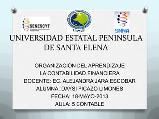 UNIVERSIDAD ESTATAL PENINSULA
DE SANTA ELENA
ORGANIZACIÓN DEL APRENDIZAJE
LA CONTABILIDAD FINANCIERA
DOCENTE: EC. ALEJANDRA JARA ESCOBAR
ALUMNA: DAYSI PICAZO LIMONES
FECHA: 18-MAYO-2013
AULA: 5 CONTABLE
 
