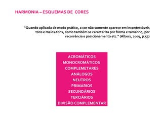 HARMONIA – ESQUEMAS DE  CORES “ Quando aplicada de modo prático, a cor não somente aparece em incontestáveis tons e meios-tons, como também se caracteriza por forma e tamanho, por recorrência e posicionamento etc.” (Albers, 2009, p.53) ACROMÁTICOS MONOCROMÁTICOS  COMPLEMETARES ANÁLOGOS NEUTROS PRIMÁRIOS SECUNDÁRIOS TERCIÁRIOS DIVISÃO COMPLEMENTAR 
