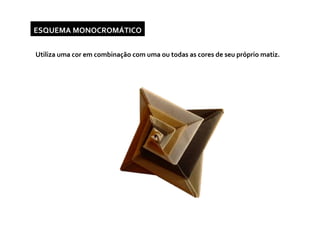 ESQUEMA MONOCROMÁTICO Utiliza uma cor em combinação com uma ou todas as cores de seu próprio matiz.  