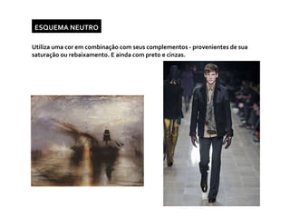 ESQUEMA NEUTRO Utiliza uma cor em combinação com seus complementos - provenientes de sua saturação ou rebaixamento. E ainda com preto e cinzas.  