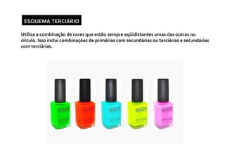 ESQUEMA TERCIÁRIO Utiliza a combinação de cores que estão sempre eqüidistantes umas das outras no círculo. Isso inclui combinações de primárias com secundárias ou terciárias e secundárias com terciárias. 