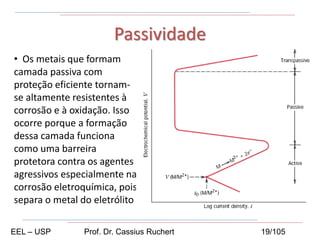 • Os metais que formam
camada passiva com
proteção eficiente tornam-
se altamente resistentes à
corrosão e à oxidação. Isso
ocorre porque a formação
dessa camada funciona
como uma barreira
protetora contra os agentes
agressivos especialmente na
corrosão eletroquímica, pois
separa o metal do eletrólito
Passividade
EEL – USP Prof. Dr. Cassius Ruchert 19/105
 