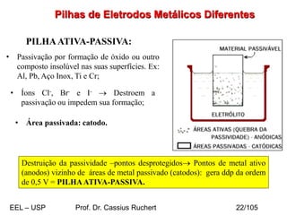 Pilhas de Eletrodos Metálicos Diferentes
PILHAATIVA-PASSIVA:
• Passivação por formação de óxido ou outro
composto insolúvel nas suas superfícies. Ex:
Al, Pb, Aço Inox, Ti e Cr;
• Área passivada: catodo.
• Íons Cl-, Br- e I- → Destroem a
passivação ou impedem sua formação;
Destruição da passividade –pontos desprotegidos→ Pontos de metal ativo
(anodos) vizinho de áreas de metal passivado (catodos): gera ddp da ordem
de 0,5 V = PILHAATIVA-PASSIVA.
EEL – USP Prof. Dr. Cassius Ruchert 22/105
 