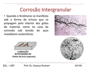 • Quando o fenômeno se manifesta
sob a forma de trincas que se
propagam pelo interior dos grãos
do material, como no caso da
corrosão sob tensão de aços
inoxidáveis austeníticos.
Corrosão Intergranular
EEL – USP Prof. Dr. Cassius Ruchert 43/105
 