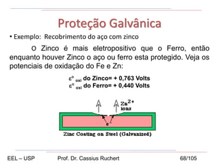• Exemplo: Recobrimento do aço com zinco
O Zinco é mais eletropositivo que o Ferro, então
enquanto houver Zinco o aço ou ferro esta protegido. Veja os
potenciais de oxidação do Fe e Zn:
ε° oxi do Zinco= + 0,763 Volts
ε° oxi do Ferro= + 0,440 Volts
Proteção Galvânica
EEL – USP Prof. Dr. Cassius Ruchert 68/105
 