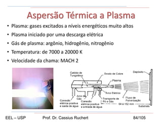 • Plasma: gases excitados a níveis energéticos muito altos
• Plasma iniciado por uma descarga elétrica
• Gás de plasma: argônio, hidrogênio, nitrogênio
• Temperatura: de 7000 a 20000 K
• Velocidade da chama: MACH 2
Aspersão Térmica a Plasma
EEL – USP Prof. Dr. Cassius Ruchert 84/105
 