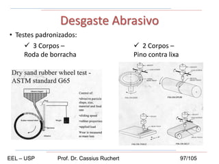 • Testes padronizados:
Desgaste Abrasivo
 3 Corpos –
Roda de borracha
 2 Corpos –
Pino contra lixa
EEL – USP Prof. Dr. Cassius Ruchert 97/105
 
