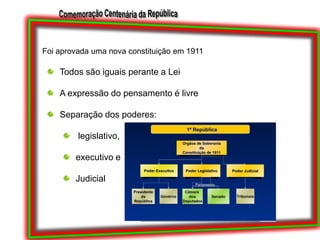 Foi aprovada uma nova constituição em 1911Todos são iguais perante a LeiA expressão do pensamento é livreSeparação dos poderes: legislativo, executivo e Judicial 