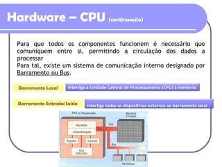 Hardware – CPU  (continuação) Para que todos os componentes funcionem é necessário que comuniquem entre si, permitindo a circulação dos dados a processar Para tal, existe um sistema de comunicação interno designado por  Barramento ou Bus . Barramento Local Barramento Entrada/Saída Interliga a Unidade Central de Processamento (CPU) à memória Interliga todos os dispositivos externos ao barramento local 