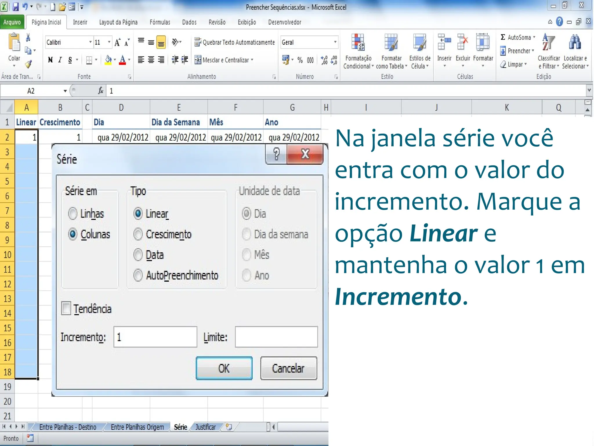 Escola
Info Jardins
Na janela série você
entra com o valor do
incremento. Marque a
opção Linear e
mantenha o valor 1 em
Incremento.
 