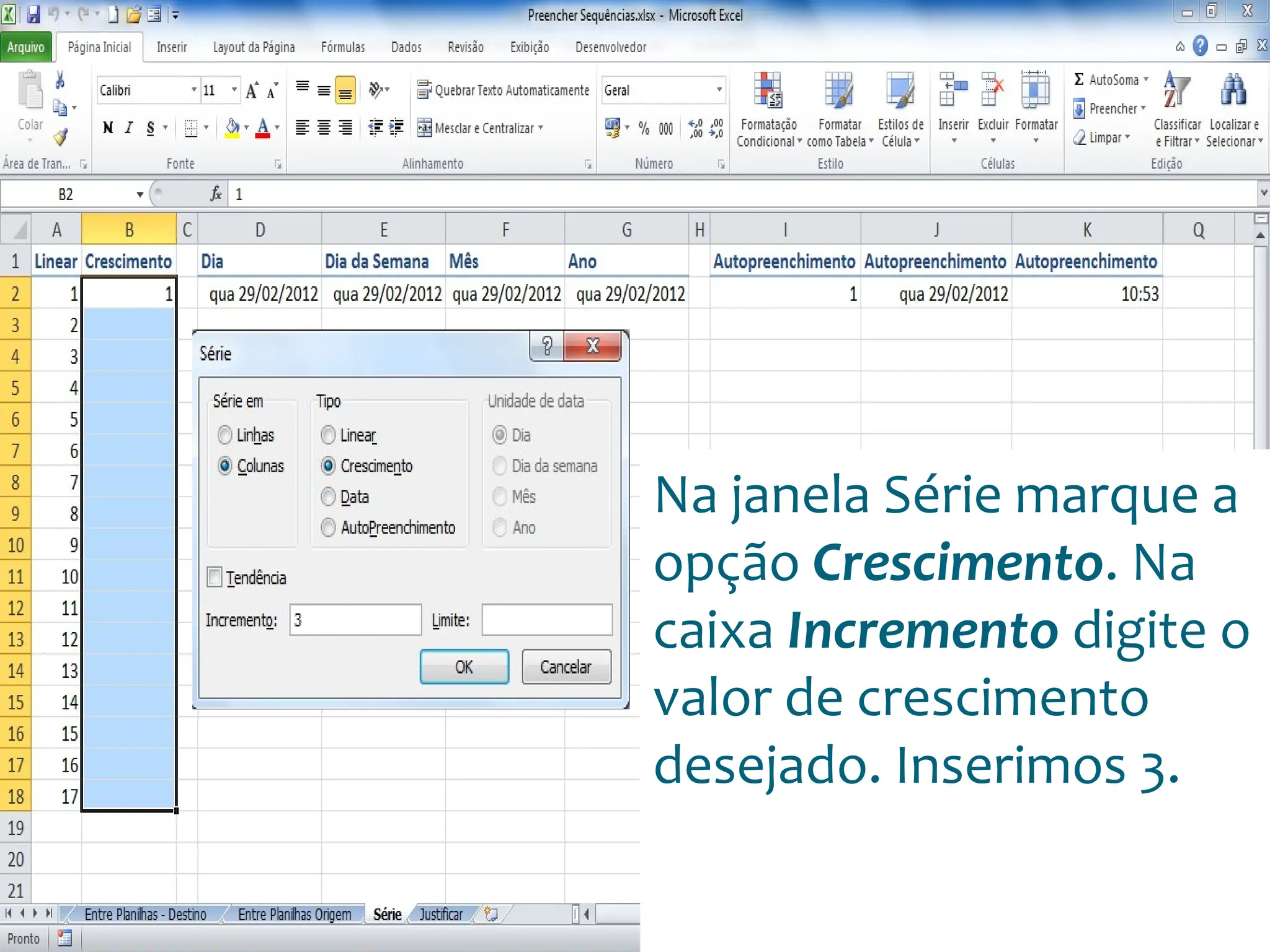 Escola
Info Jardins
Na janela Série marque a
opção Crescimento. Na
caixa Incremento digite o
valor de crescimento
desejado. Inserimos 3.
 