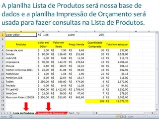 Escola
Info Jardins
A planilha Lista de Produtos será nossa base de
dados e a planilha Impressão de Orçamento será
usada para fazer consultas na Lista de Produtos.
 