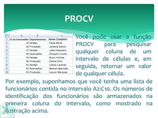 Por exemplo, suponhamos que você tenha uma lista de
funcionários contida no intervalo A2:C10. Os números de
identificação dos funcionários são armazenados na
primeira coluna do intervalo, como mostrado na
ilustração acima.
PROCV
Você pode usar a função
PROCV para pesquisar
qualquer coluna de um
intervalo de células e, em
seguida, retornar um valor
de qualquer célula.
 