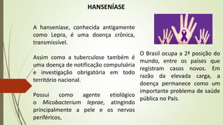 A hanseníase, conhecida antigamente
como Lepra, é uma doença crônica,
transmissível.
Assim como a tuberculose também é
uma doença de notificação compulsória
e investigação obrigatória em todo
território nacional.
Possui como agente etiológico
o Micobacterium leprae, atingindo
principalmente a pele e os nervos
periféricos,
HANSENÍASE
O Brasil ocupa a 2ª posição do
mundo, entre os países que
registram casos novos. Em
razão da elevada carga, a
doença permanece como um
importante problema de saúde
pública no País.
 