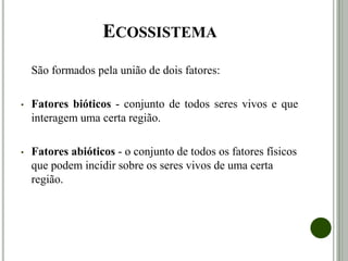 ECOSSISTEMA
São formados pela união de dois fatores:
• Fatores bióticos - conjunto de todos seres vivos e que
interagem uma certa região.
• Fatores abióticos - o conjunto de todos os fatores físicos
que podem incidir sobre os seres vivos de uma certa
região.
 
