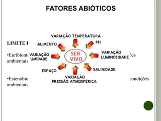 LIMITE DE TOLERÂNCIA:
•Euribiontes – seres que toleram grandes variações das condições
ambientais.
•Estenobiontes – seres que não toleram grandes variações das condições
ambientais.
FATORES ABIÓTICOS
 