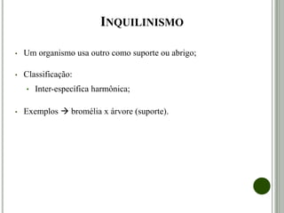 INQUILINISMO
• Um organismo usa outro como suporte ou abrigo; um se beneficia
sem prejudicar o outro.
• Classificação:
• Inter-específica harmônica;
• Exemplos  bromélia x árvore (suporte).
 