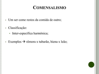 COMENSALISMO
• Um ser come restos da comida de outro;
• Classificação:
• Inter-específica harmônica;
• Exemplos  rêmora x tubarão, hiena x leão;
 
