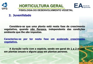 HORTICULTURA GERAL
FISIOLOGIA DO DESENVOLVIMENTO VEGETAL
2. Juvenilidade
Considera-se que uma planta está nesta fase de crescimento
vegetativo, quando não floresce, independente das condições
ambiente que lhe são impostas.
Caracteriza-se por ter nesta fase um acelerado crescimento
vegetativo.
A duração varia com a espécie, sendo em geral de 1 a 2 meses
em plantas anuais e alguns anos em plantas perenes.
 