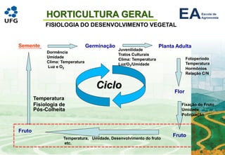HORTICULTURA GERAL
FISIOLOGIA DO DESENVOLVIMENTO VEGETAL
Semente
Ciclo
Germinação Planta Adulta
Flor
Fruto
Fruto
Dormência
Umidade
Clima: Temperatura
Luz e O2
Juvenilidade
Tratos Culturais
Clima: Temperatura
Luz/O2/Umidade
Fotoperíodo
Temperatura
Hormônios
Relação C/N
Fixação do Fruto
Umidade
Polinização
Temperatura, Umidade, Desenvolvimento do fruto
etc.
Temperatura
Fisiologia de
Pós-Colheita
 