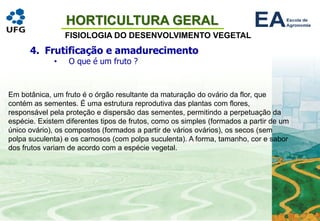 HORTICULTURA GERAL
FISIOLOGIA DO DESENVOLVIMENTO VEGETAL
4. Frutificação e amadurecimento
• O que é um fruto ?
Em botânica, um fruto é o órgão resultante da maturação do ovário da flor, que
contém as sementes. É uma estrutura reprodutiva das plantas com flores,
responsável pela proteção e dispersão das sementes, permitindo a perpetuação da
espécie. Existem diferentes tipos de frutos, como os simples (formados a partir de um
único ovário), os compostos (formados a partir de vários ovários), os secos (sem
polpa suculenta) e os carnosos (com polpa suculenta). A forma, tamanho, cor e sabor
dos frutos variam de acordo com a espécie vegetal.
 