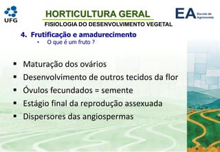 HORTICULTURA GERAL
FISIOLOGIA DO DESENVOLVIMENTO VEGETAL
4. Frutificação e amadurecimento
• O que é um fruto ?
▪ Maturação dos ovários
▪ Desenvolvimento de outros tecidos da flor
▪ Óvulos fecundados = semente
▪ Estágio final da reprodução assexuada
▪ Dispersores das angiospermas
 