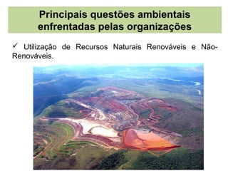Principais questões ambientais
      enfrentadas pelas organizações
 Utilização de Recursos Naturais Renováveis e Não-
Renováveis.
 