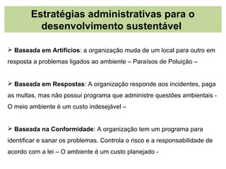 Estratégias administrativas para o
          desenvolvimento sustentável

 Baseada em Artifícios: a organização muda de um local para outro em
resposta a problemas ligados ao ambiente – Paraísos de Poluição –


 Baseada em Respostas: A organização responde aos incidentes, paga
as multas, mas não possui programa que administre questões ambientais -
O meio ambiente é um custo indesejável –


 Baseada na Conformidade: A organização tem um programa para
identificar e sanar os problemas. Controla o risco e a responsabilidade de
acordo com a lei – O ambiente é um custo planejado -
 